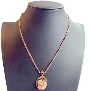 Vintage Loree Carved Rose Filigree Pendant Necklace